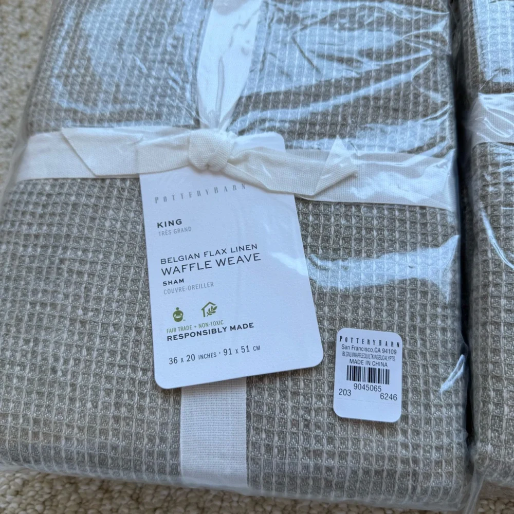 NWT set of 2 Pottery Barn Belgian Flax Linen Waffle Weave King Shams Eucalyptus